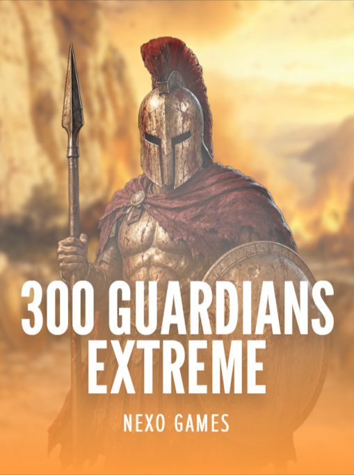 300 Guardians Extreme by NEXO GAMES. Cover art of a Spartan warrior in a crested helmet holding a spear and shield, stood on a cliff edge above a burning valley at sunset.