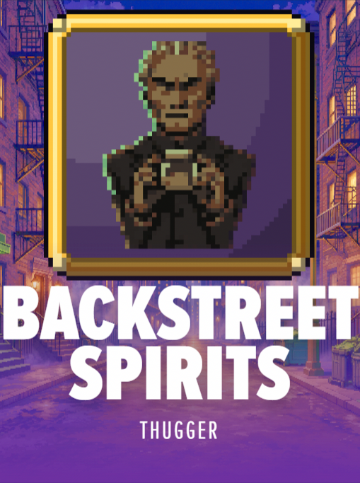 Backstreet Spirits by THUGGER. Pixel art cover of a stone-faced spirit inside a gold picture frame, hanging over a purple-lit alley of fire escapes and brick tenements.