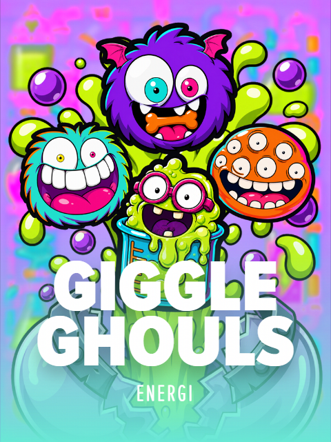 Giggle Ghouls by ENERGI. Cover art of four grinning furry monsters, purple, teal, orange and slime green, bursting out of a bubbling lab beaker on a purple backdrop.
