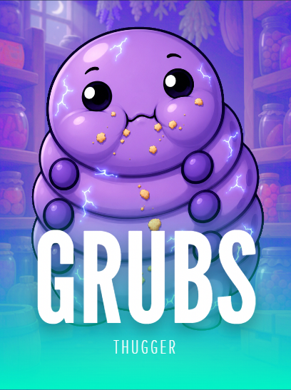 Grubs by THUGGER. Cover art of a chubby purple grub with crumbs on its face, sat in a pantry full of jars.