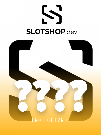 An unannounced title by Project Panic. Cover art of the SlotShop logo behind four large question marks.